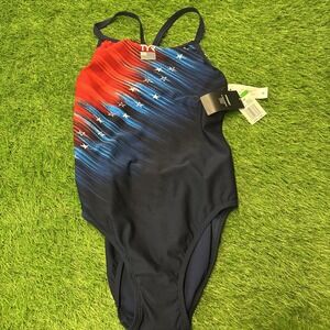 TYR Valiance Swimsuit Women's 36 L One Piece Navy Red Stars USA Durafast